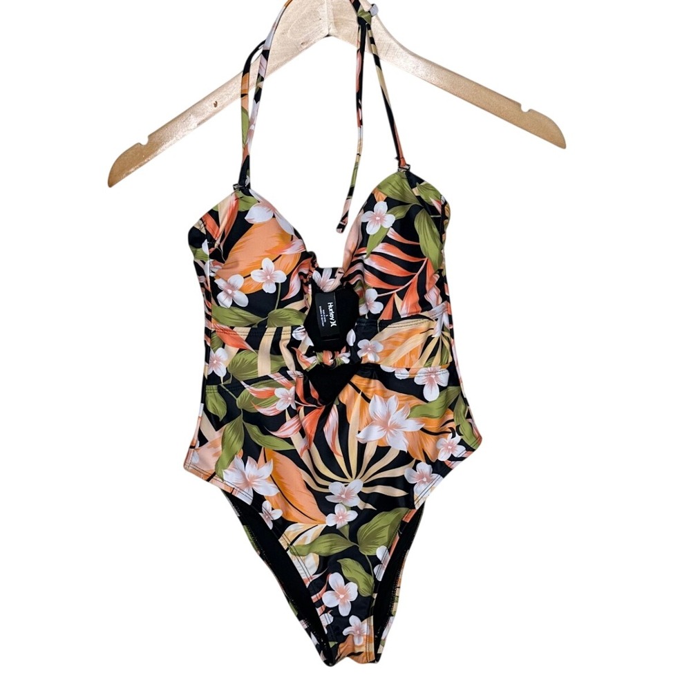NWT Hurley Tropical Print One-Piece Keyhole Swimsuit size Small Black/Orange